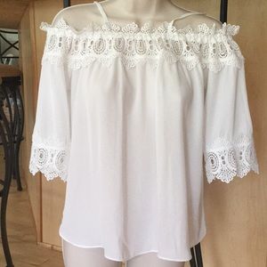 NWT Ivory lace trimmed off the shoulder top